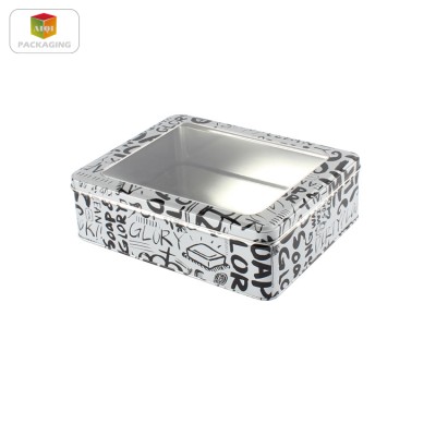 big metal rectangular tin box with clear pvc window